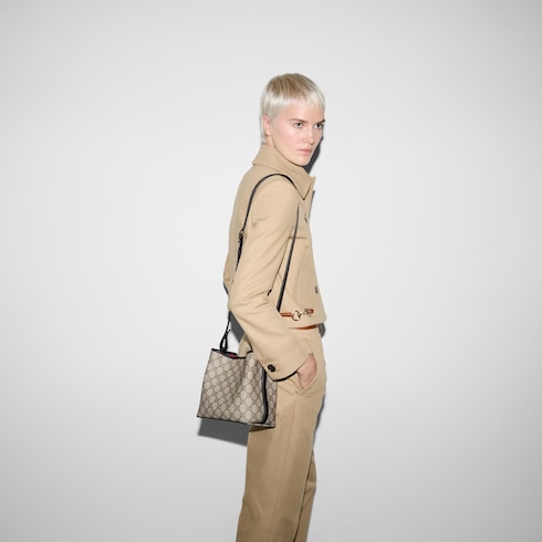 GG Emblem small bucket bag beige and dark