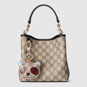 GG Emblem small bucket bag beige and dark