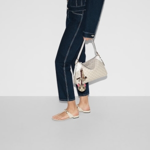 GG Emblem medium shoulder bag beige and white