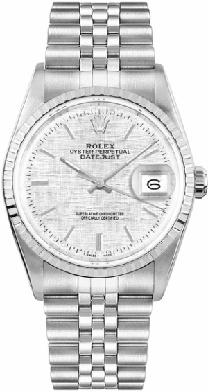 Datejust 36 Silver Linen Dial Engine Turned Bezel Unisex Watch 16030